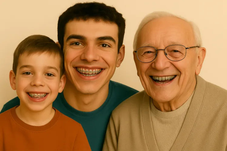 A kid, a boy, and an old man wearing traditional metal braces.
