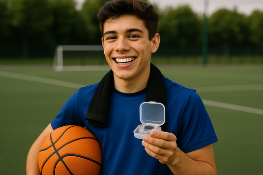 A boy holding a basketball in one hand and aligners in the other hand