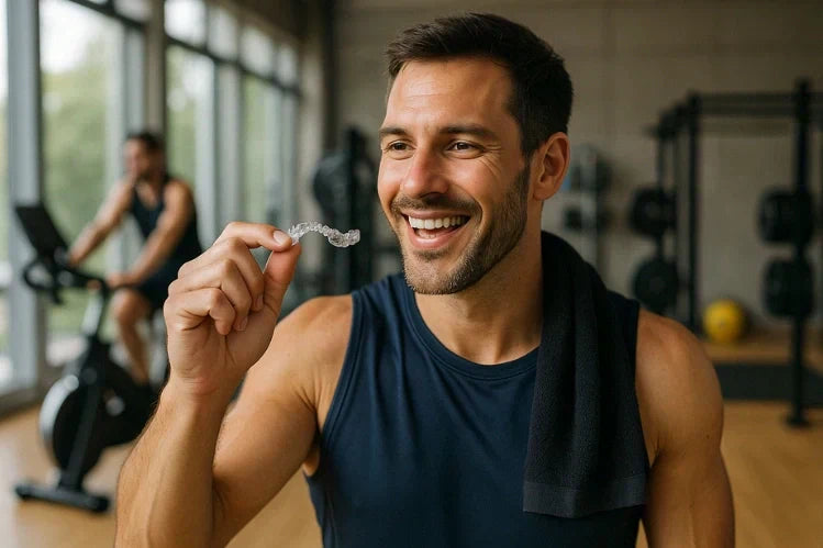 Man smiling at the gym while holding a clear aligner.