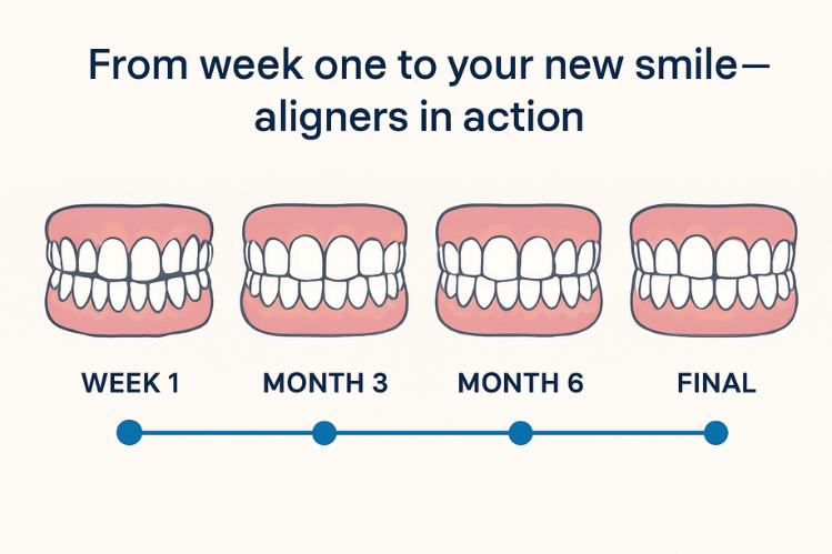 Visual timeline showing how fast do aligners work to transform teeth