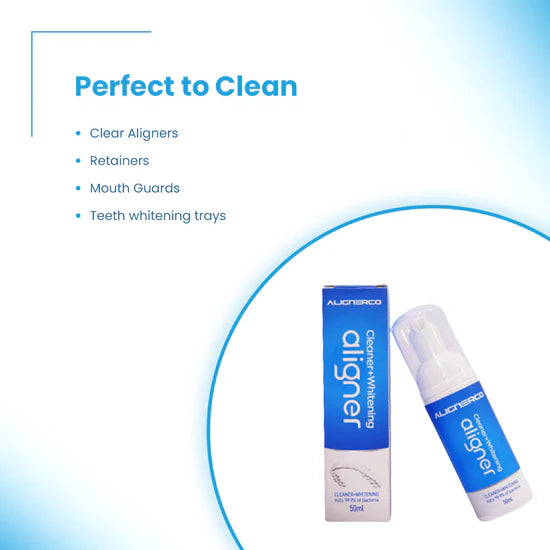 ALIGNERCO cleaner foam for aligners, retainers, mouthguards, and trays.