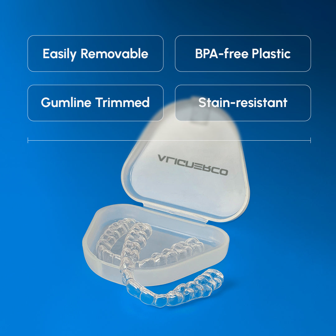 ALIGNERCO aligners shown in open case with product benefits listed