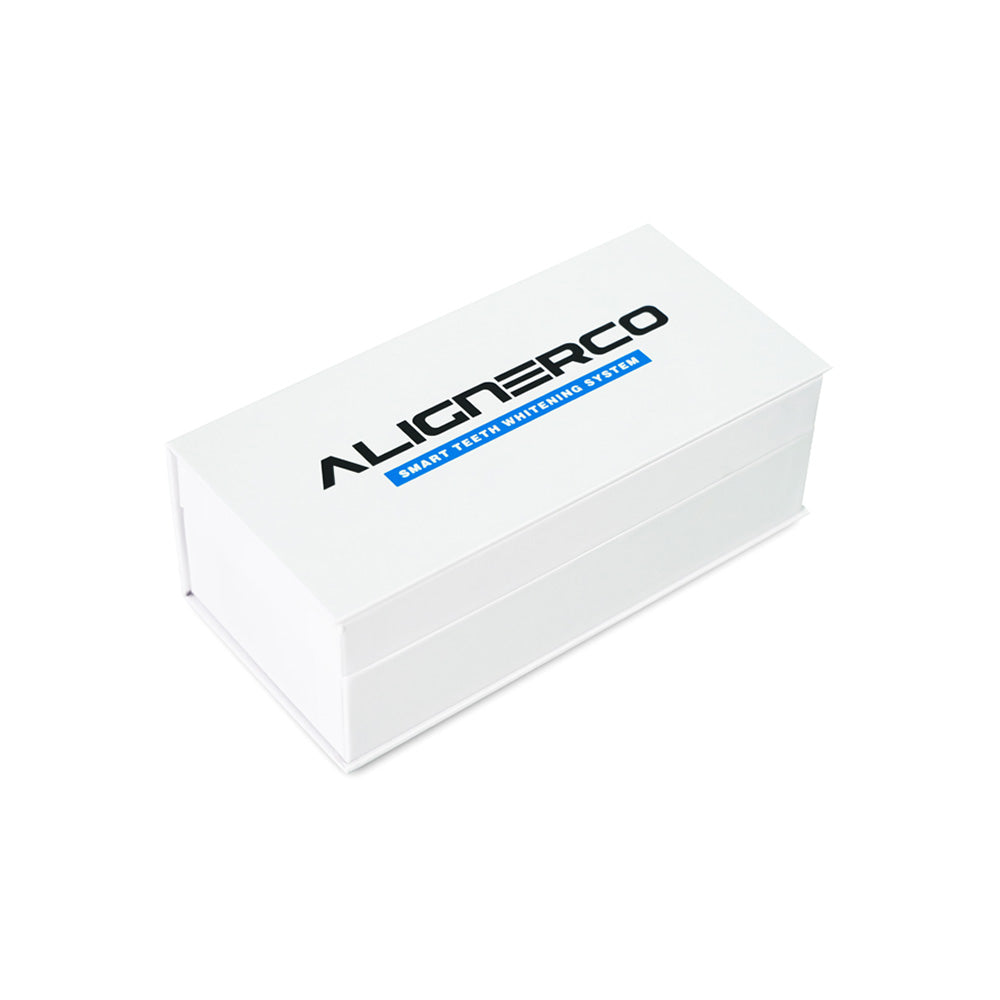 White ALIGNERCO smart teeth whitening system box on white background.