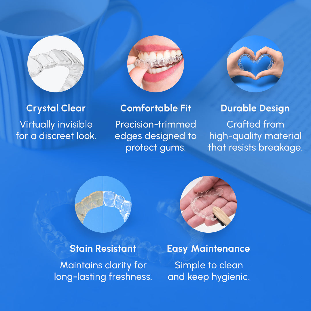 Aligner benefits including clarity, comfort, durability, stain resistance, and easy care.