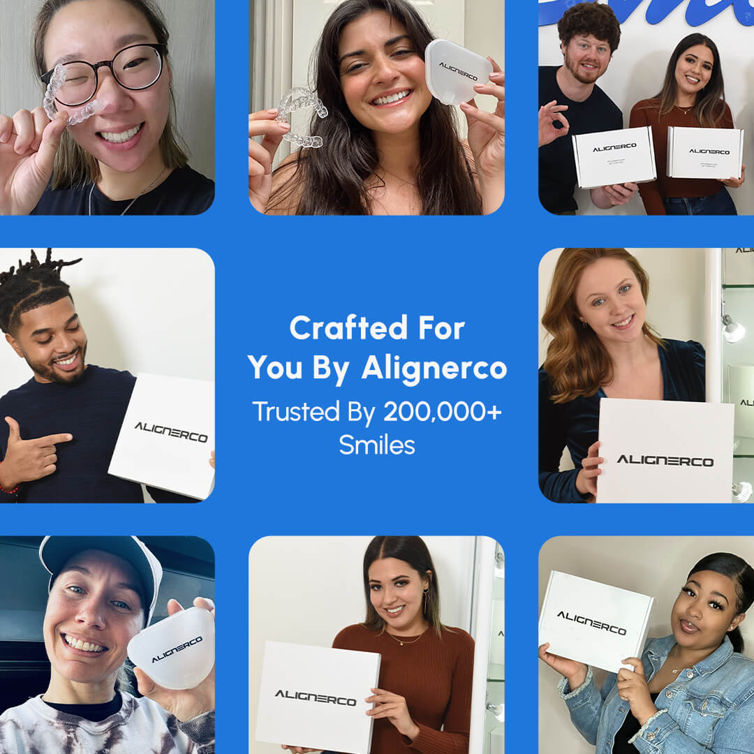 Happy Alignerco customers holding their aligner kits and showing their smiles.