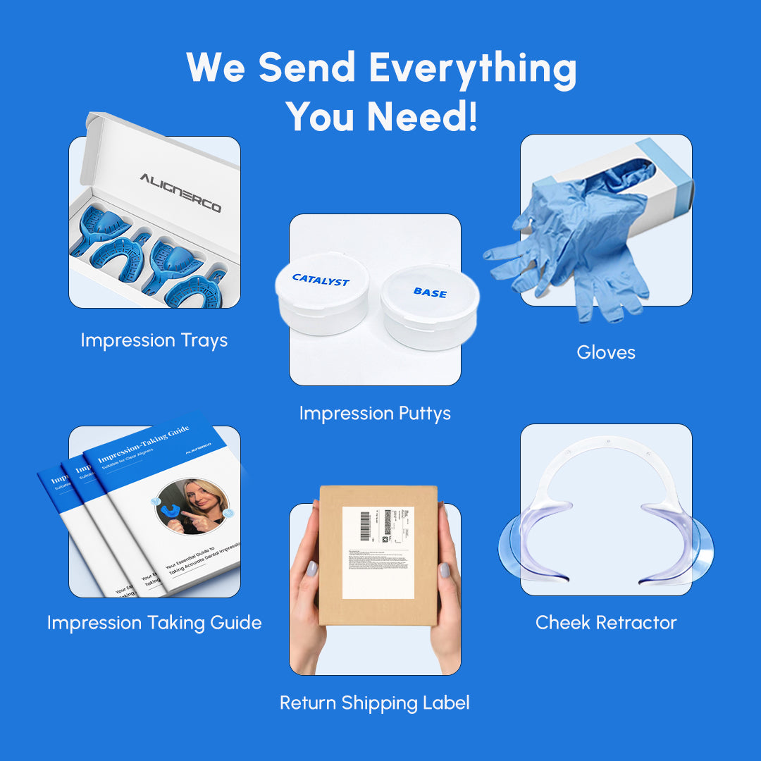 Complete dental impression kit with trays, putty, gloves, guide, and return label.