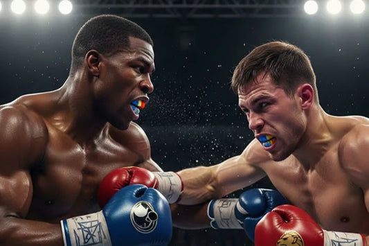An image of boxers ready to engage while wearing their mouth guards
