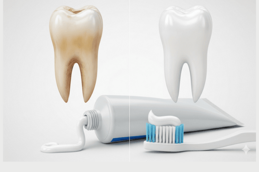 A before and after image of a tooth after being cleaned with a whitening toothpaste