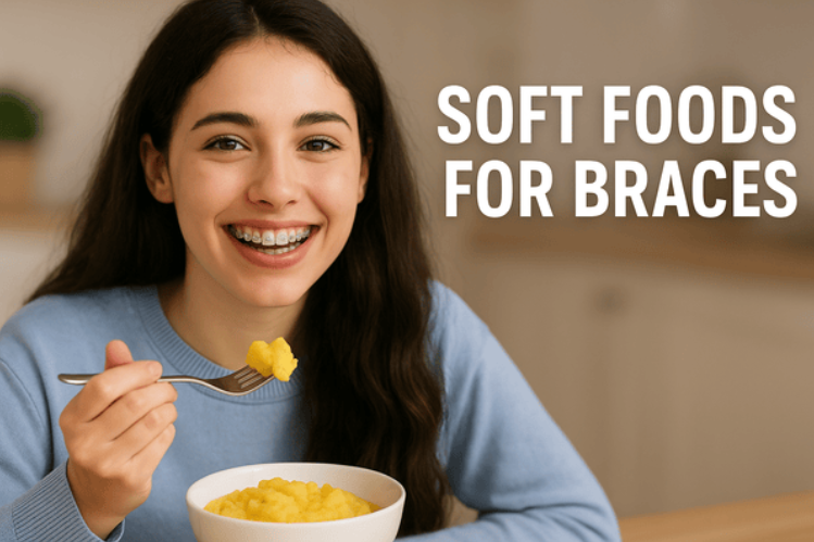 A girl with braces eating easy-to-chew foods