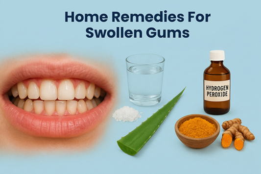 A mouth with inflamed gums beside salt water, hydrogen peroxide, aloe vera leaf, and turmeric powder.