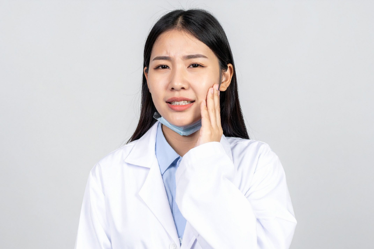 A lady in a white coat puts her hand on her jaw because her tooth hurts.