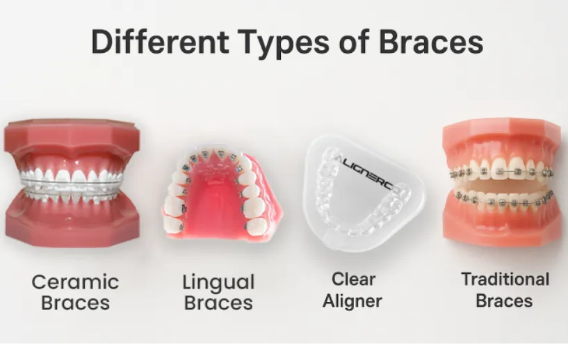 Different styles of braces for teeth straightening.