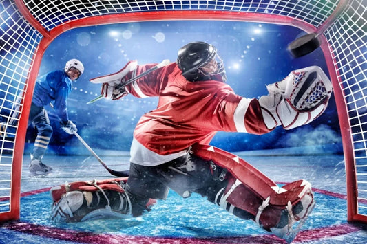 An ice hockey player wearing a sports mouth guard to keep teeth safe.
