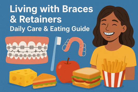 Braces, a retainer, a toothbrush, a smiling girl with braces, and braces friendly foods