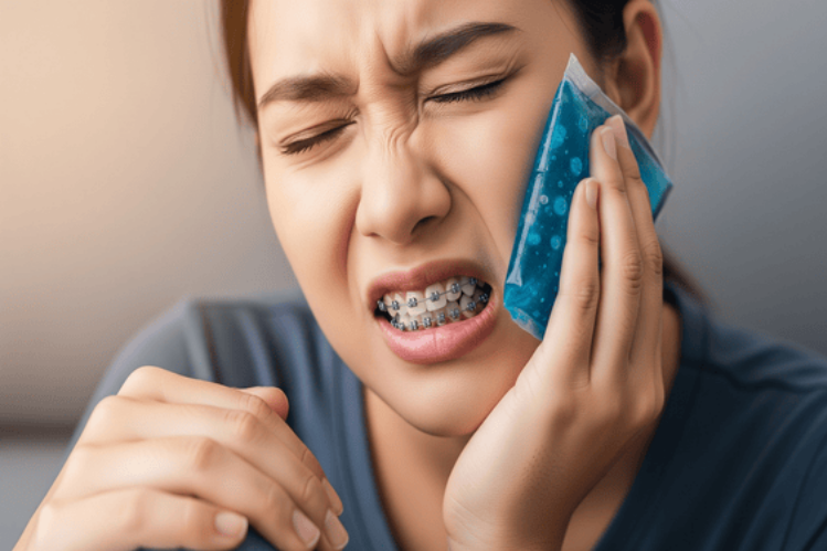A girl putting an ice pack on her face due to intense brace pain 