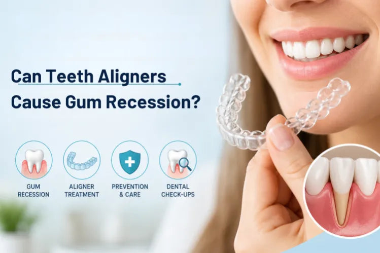  Clear aligners and gum recession infographic with smiling patient holding aligner tray