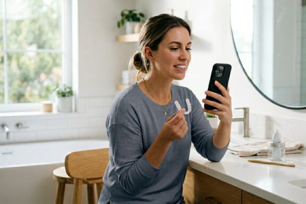 A young woman holding a clear aligner in one hand and a smartphone in the other, using an app for her at-home clear aligner treatment.
