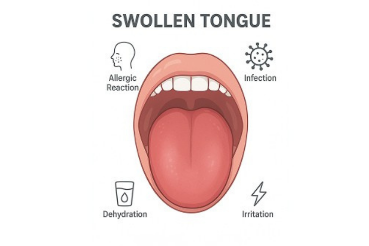 Medical illustration showing a swollen tongue with highlighted causes