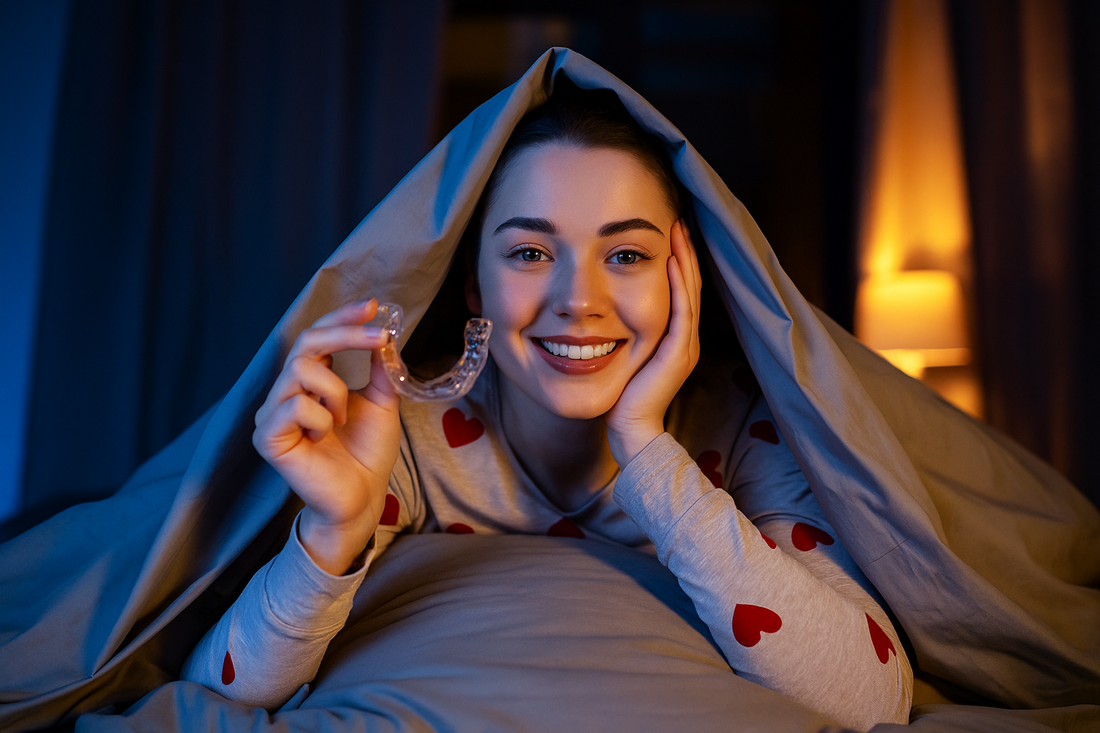 A girl holding night-only clear aligners in bed