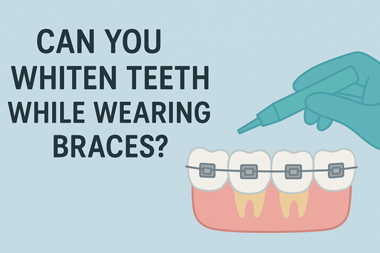 An illustration of a hand holding a syringe and a set of teeth with braces.