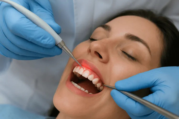 Woman receiving gum contouring treatment.
