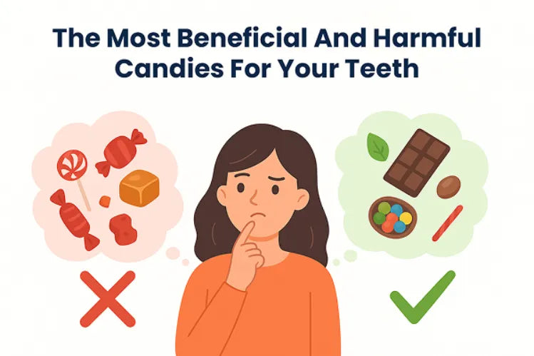 An illustration of a woman with harmful and beneficial candies on the sides.