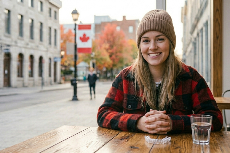 Smiling woman at a cafe, with a clear aligner on the table. 