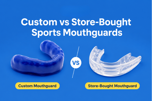 Side-by-side comparison of a custom-made mouthguard and a generic mouthguard.