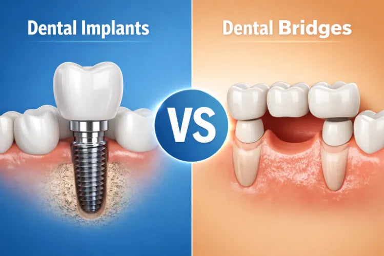 An illustration of dental implants vs. bridges 