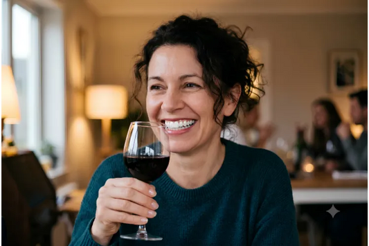 Smiling girl holding red wine with bright white teeth. 