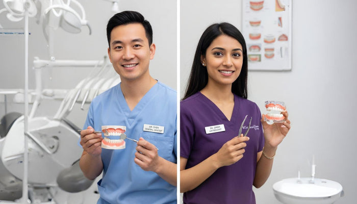 A dentist and an orthodontist standing near each other.