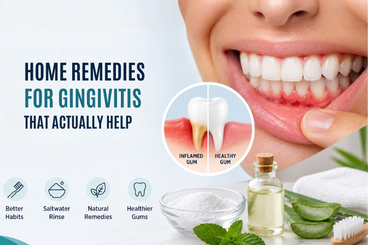 A girl showing affected gums with title: Gingivitis Home Remedies: Natural Ways to Heal Your Gums on the side