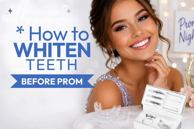  A girl with a bright white smile and ALIGNERCO Whitening kit on the table 