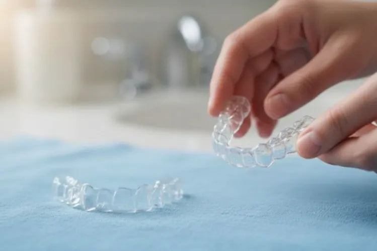 A person’s hand holding a clear plastic retainer, with a replacement retainer resting nearby