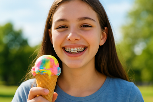 A girl is eating ice cream with braces