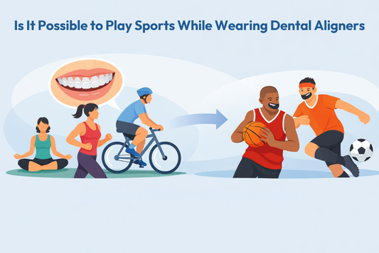 An Illustration showing people doing low-impact sports with clear aligners and high-impact sports with mouthguards, highlighting safe dental care during activity.