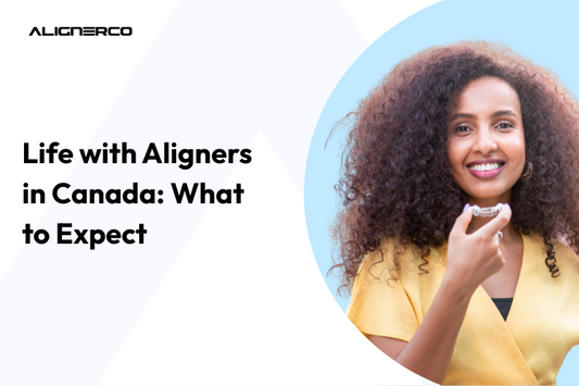 A woman standing outdoors and holding clear aligners 