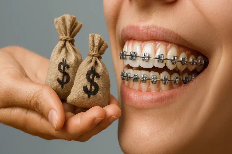  A close-up of a woman with metal braces and its cost shown by bags full of money. 