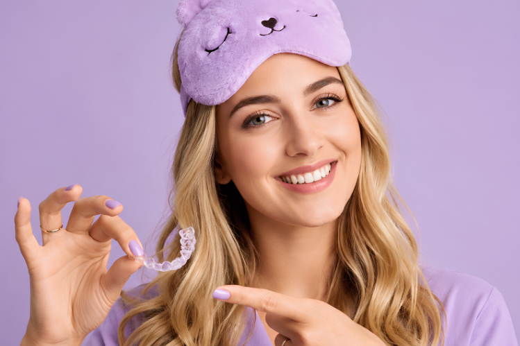 A woman in a night suit holding clear aligners 