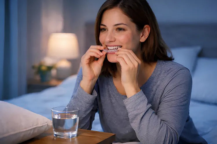 A girl wearing night only clear aligners