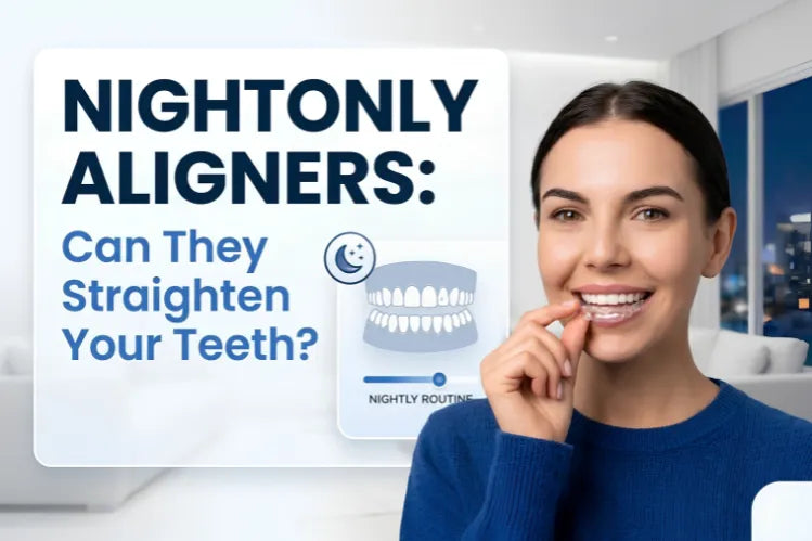 Woman placing a night clear aligner onto her teeth.