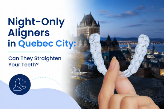 A hand holding a night clear aligner with Quebec City in the background.