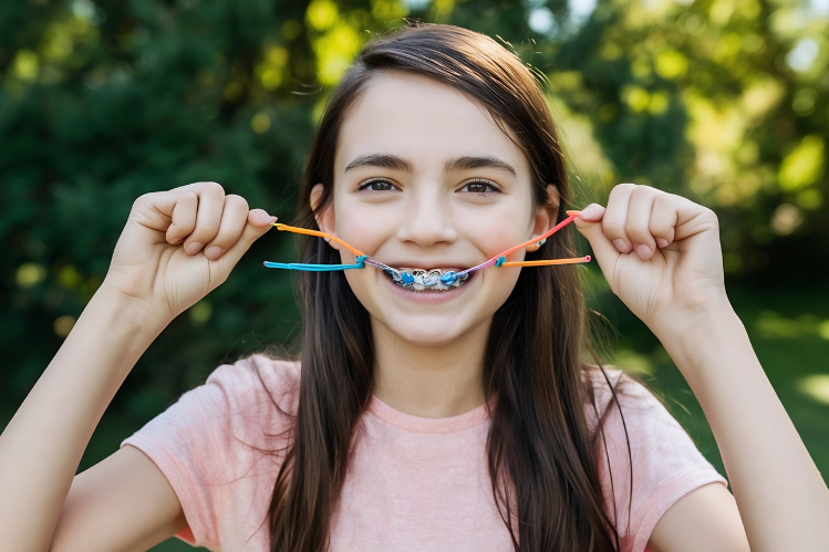 A girl smiling and choosing colors for braces. 