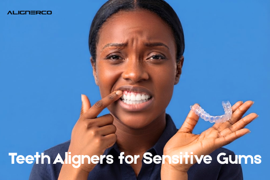 A close-up of a smile with clear aligners on teeth.