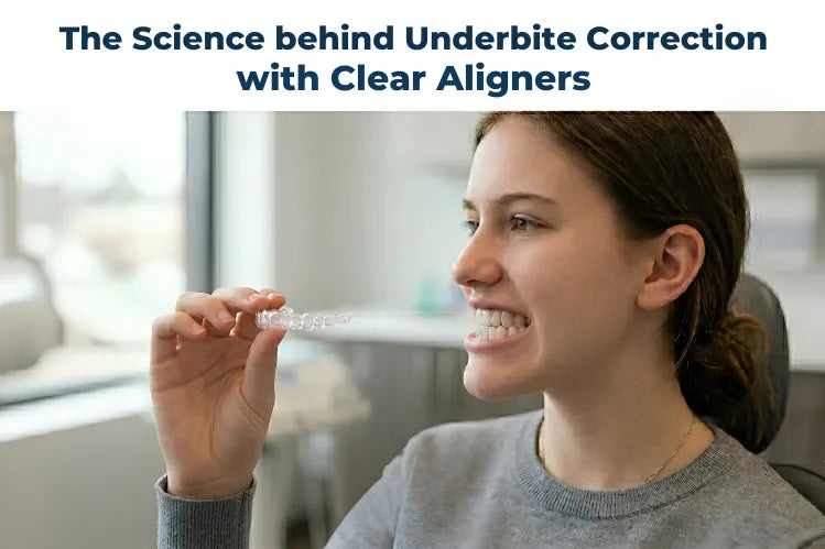 A woman holding a clear aligner