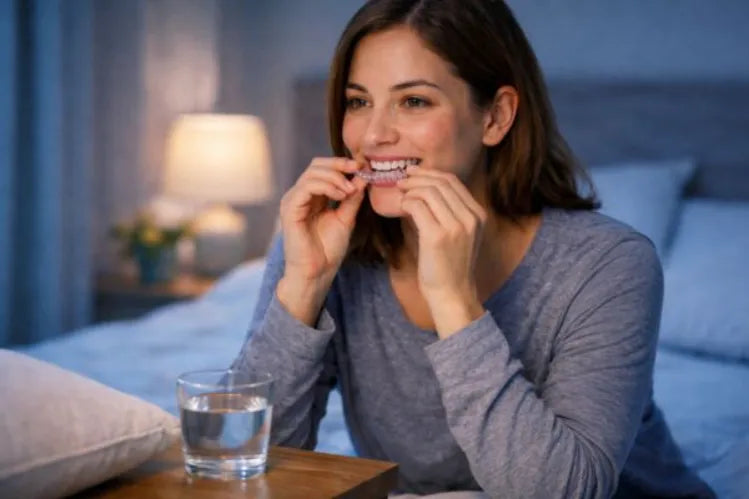 A smiling woman placing a nighttime clear aligner onto her teeth.