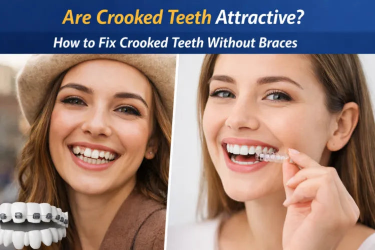  Woman comparing crooked teeth and clear aligners for straightening teeth without braces