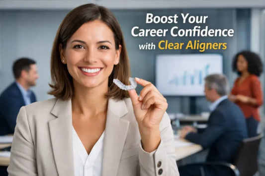 Professional smiling confidently while holding clear aligners in an office setting