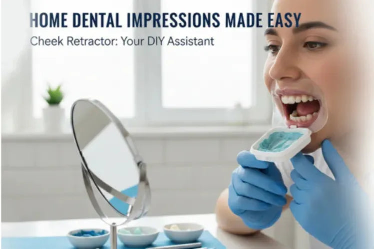 A woman wearing a cheek retractor to create impressions of her teeth