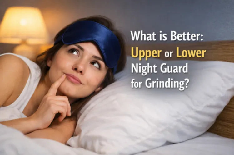 Girl wearing a sleep mask lying on a bed and thinking about whether an upper or lower night guard is better for grinding
